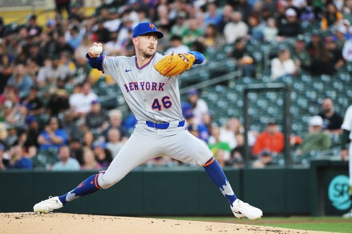 Apr 11, 2025; West Sacramento, California, USA; New York Mets pitcher Griffin Canning (46) throws a pitch against the Oakland Athletics during the first inning at Sutter Health Park. Mandatory Credit: Ed Szczepanski-Imagn Images