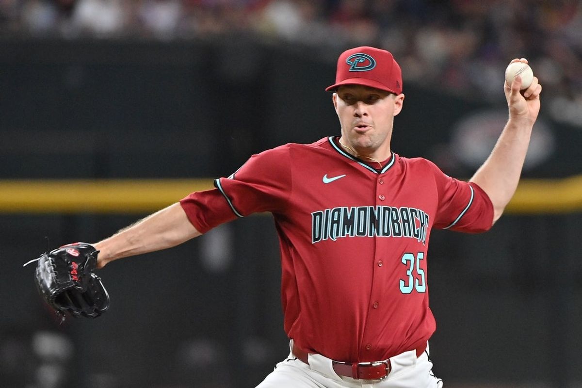 Apr 11, 2025; Phoenix, Arizona, USA; Arizona Diamondbacks pitcher Joe Mantiply (35) throws in the ninth inning against the Milwaukee Brewers at Chase Field. Mandatory Credit: Matt Kartozian-Imagn Images