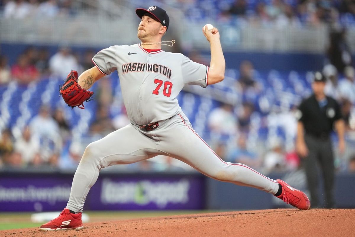 Apr 11, 2025; Miami, Florida, USA; Washington Nationals pitcher Mitchell Parker (70) pitches against the Miami Marlins in the first inning at loanDepot Park. Mandatory Credit: Jim Rassol-Imagn Images