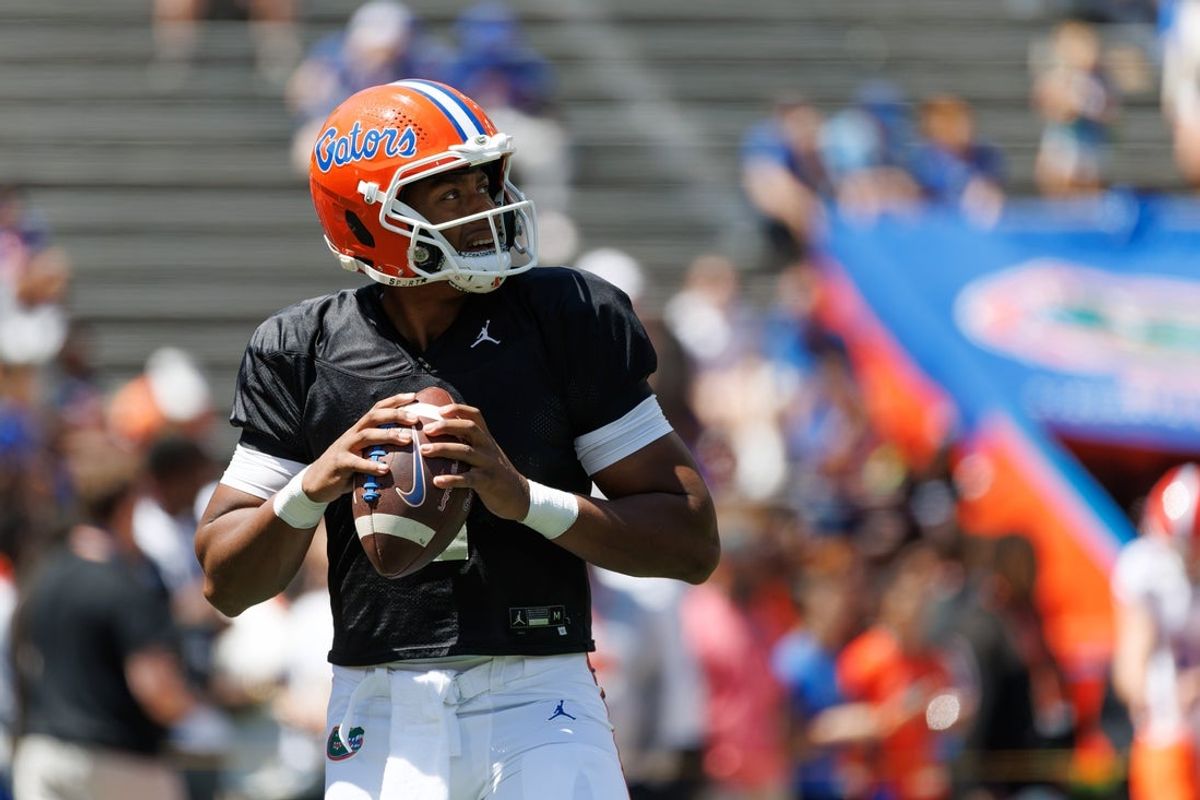 Apr 12, 2025; Gainesville, FL, USA; Florida Gators quarterback DJ Lagway (2) looks to throw before the game at Ben Hill Griffin Stadium. Mandatory Credit: Matt Pendleton-Imagn Images