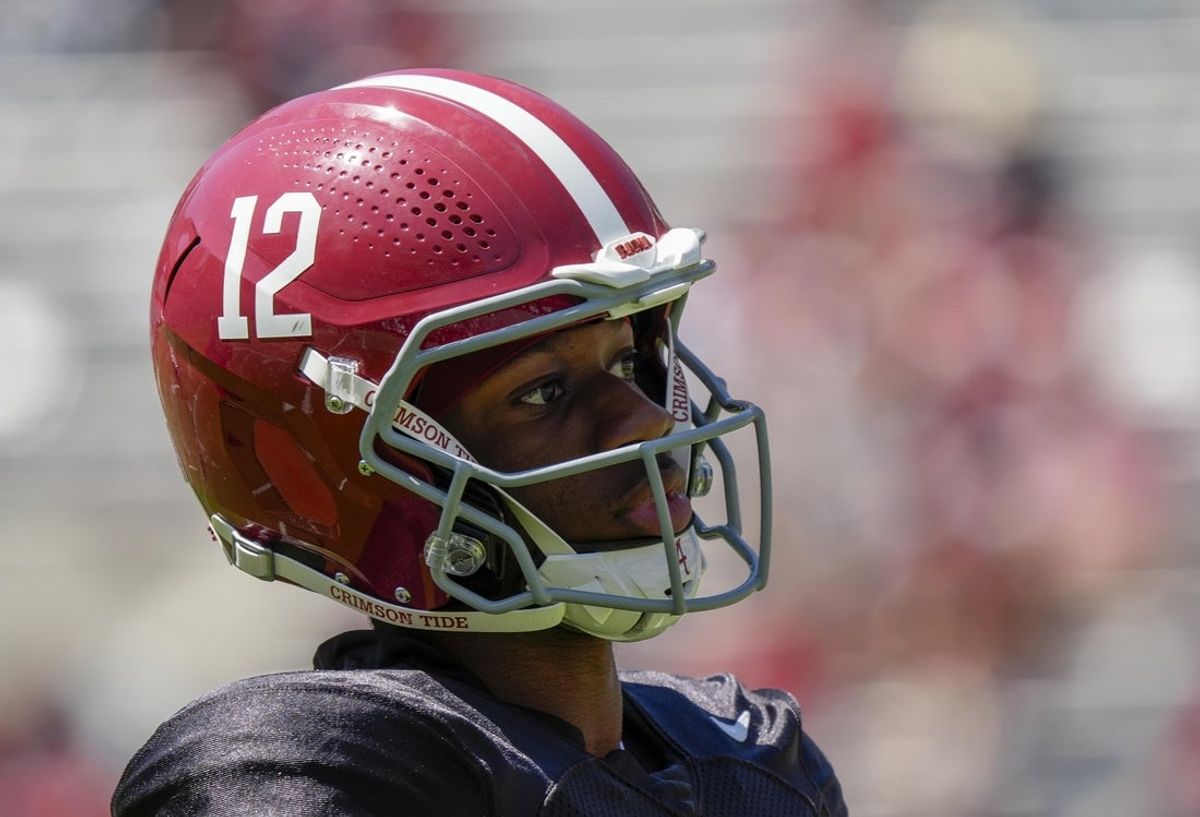 Apr 12, 2025; Tuscaloosa, AL, USA; Alabama quarterback Keelon Russel (12) prior to the game at Bryant-Denny Stadium. Mandatory Credit: Gary Cosby/USA TODAY NETWORK via Imagn Images