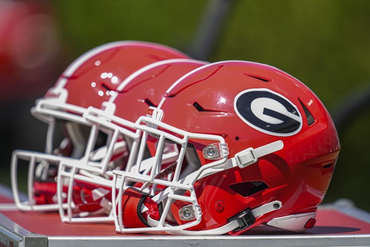 Apr 12, 2025; Athens, GA, USA; Georgia Bulldogs helmets on the bench during the Georgia Spring game at Sanford Stadium. Mandatory Credit: Dale Zanine-Imagn Images