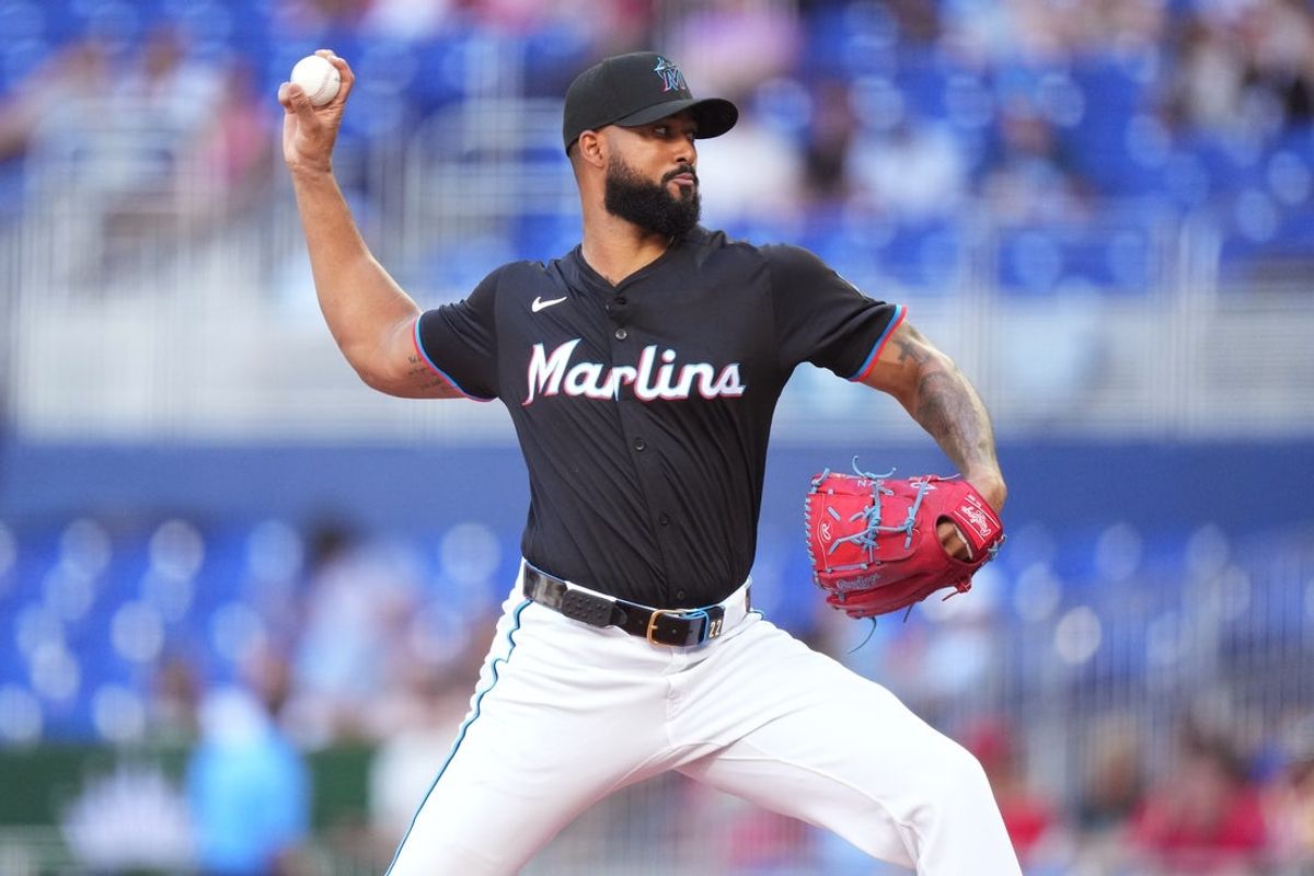Apr 12, 2025; Miami, Florida, USA;  Miami Marlins pitcher Sandy Alcantara (22) pitches in the first inning against the Washington Nationals at loanDepot Park. Mandatory Credit: Jim Rassol-Imagn Images