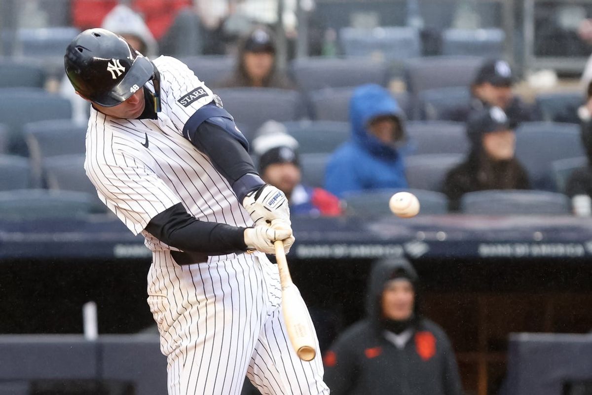Apr 12, 2025; Bronx, New York, USA; New York Yankees first base Paul Goldschmidt (48) hits a double against the San Francisco Giants during the fifth inning at Yankee Stadium. Mandatory Credit: Tom Horak-Imagn Images