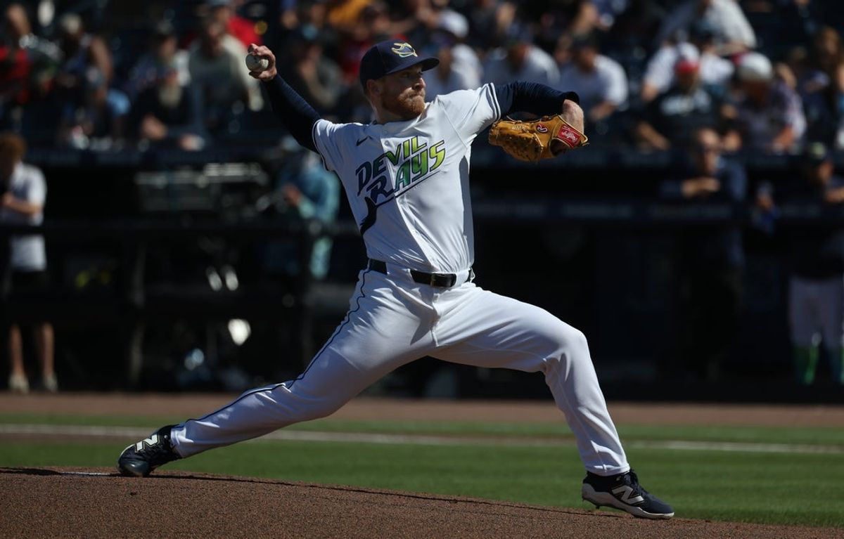Apr 12, 2025; St. Petersburg, Florida, USA;  Tampa Bay Rays starting pitcher Drew Rasmussen (57) throws a pitch against the Atlanta Braves during the first inning at George M. Steinbrenner Field. Mandatory Credit: Kim Klement Neitzel-Imagn Images