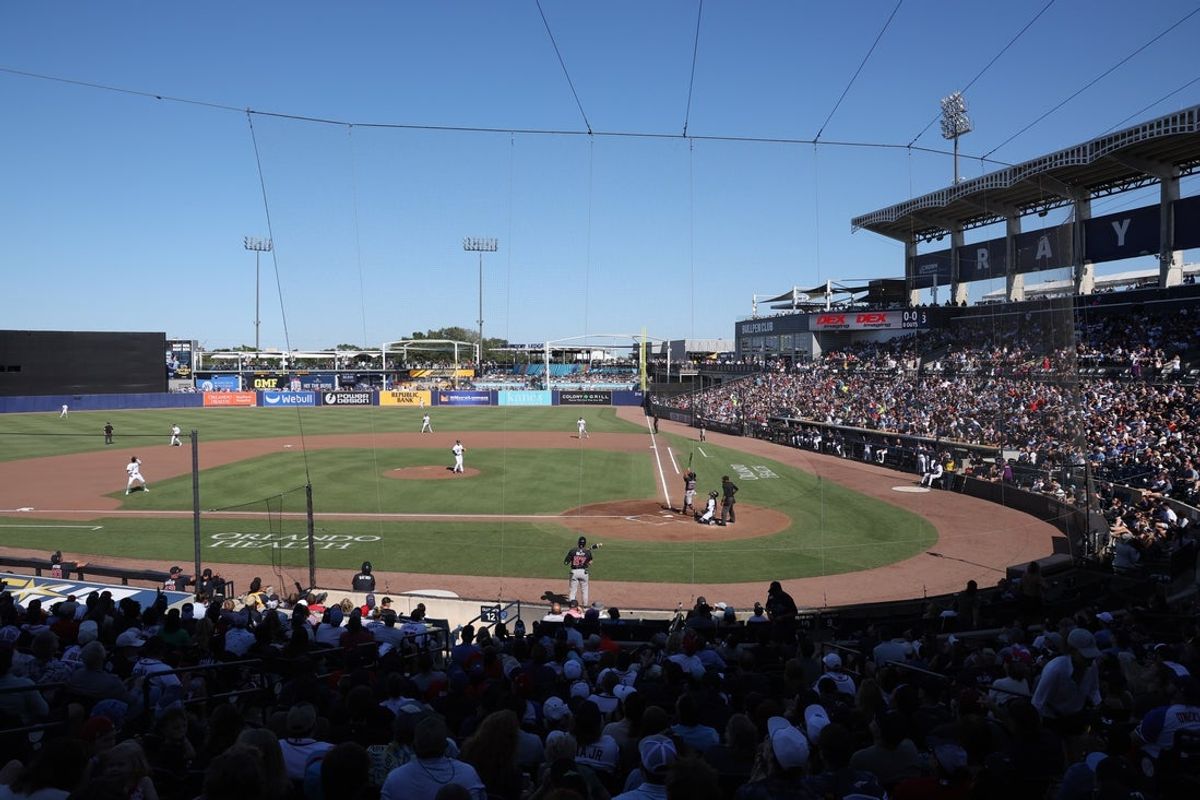 Apr 12, 2025; St. Petersburg, Florida, USA;  A general view of  George M. Steinbrenner Field during the third inning between the Tampa Bay Rays and Atlanta Braves. Mandatory Credit: Kim Klement Neitzel-Imagn Images
