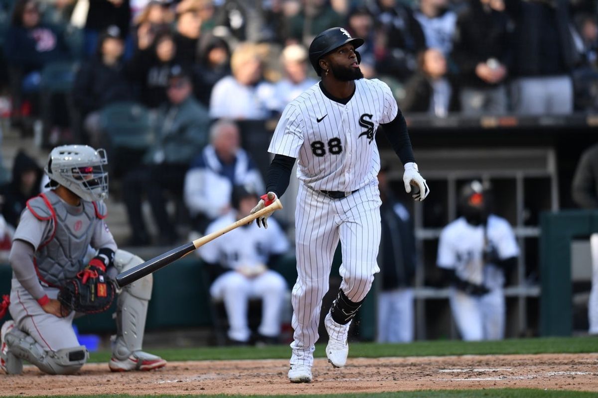 Apr 12, 2025; Chicago, Illinois, USA; Chicago White Sox center fielder Luis Robert Jr. (88) watches his two run home run during the sixth inning against the Boston Red Sox at Rate Field. Mandatory Credit: Patrick Gorski-Imagn Images