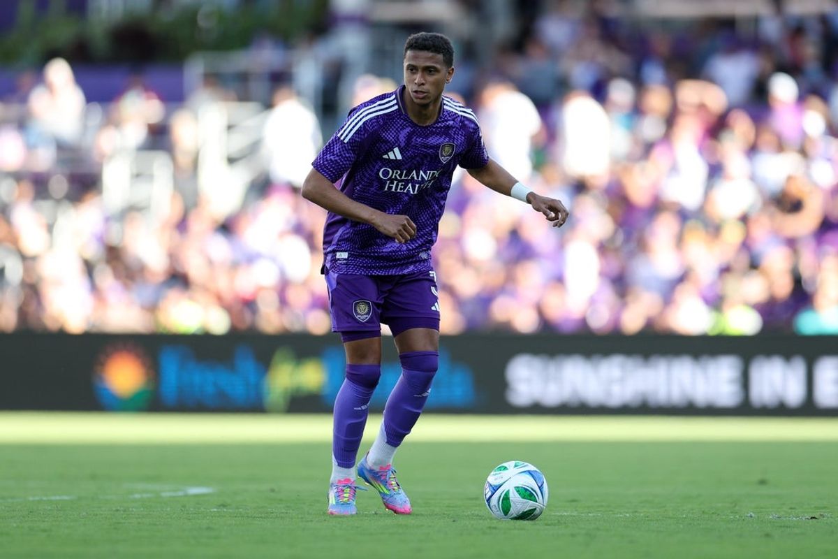 Apr 12, 2025; Orlando, Florida, USA; Orlando City defender Rafael Santos (3) controls the ball against the New York Red Bulls in the second half at Inter&Co Stadium. Mandatory Credit: Nathan Ray Seebeck-Imagn Images