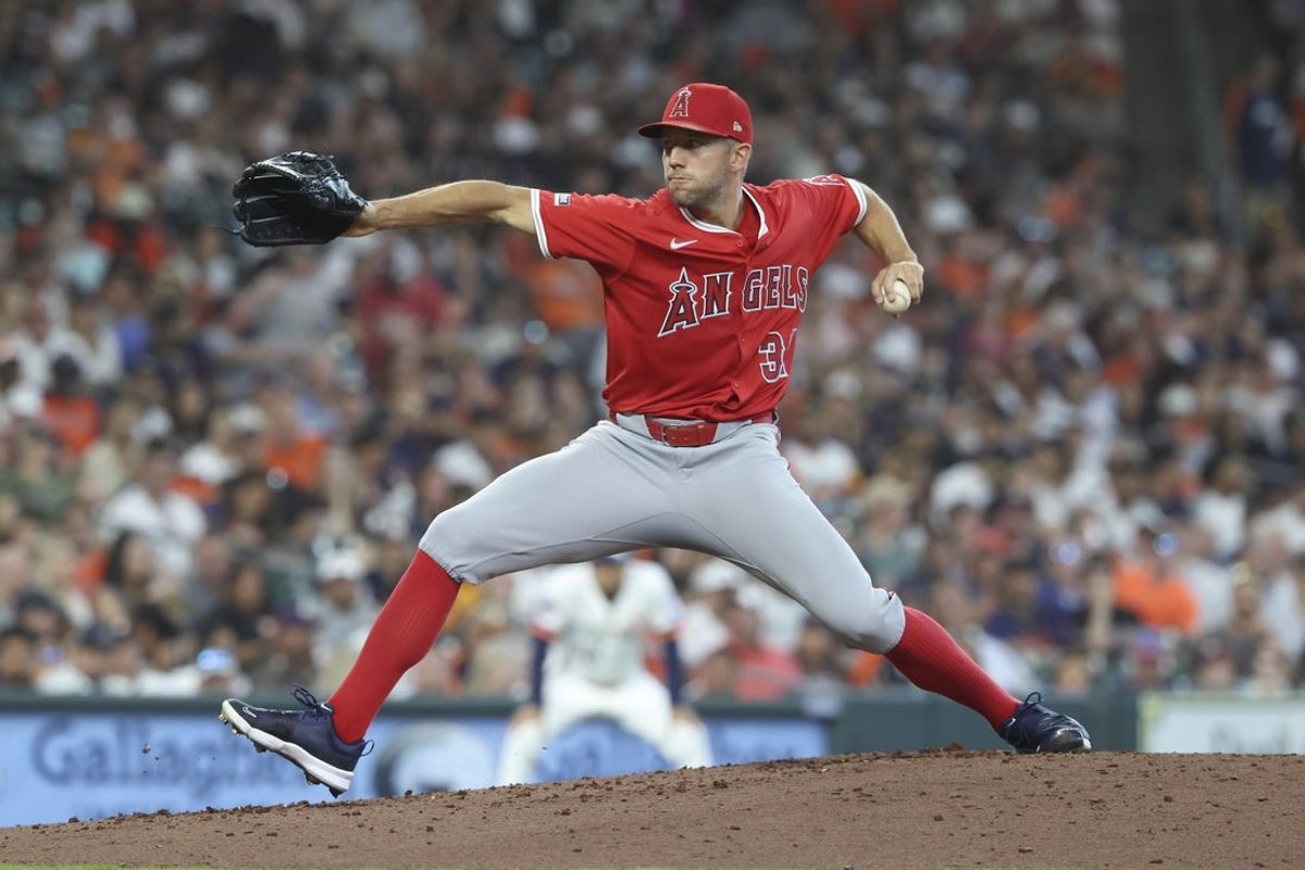 Apr 12, 2025; Houston, Texas, USA; Los Angeles Angels starting pitcher Tyler Anderson (31) delivers a pitch during the second inning against the Houston Astros at Daikin Park. Mandatory Credit: Troy Taormina-Imagn Images