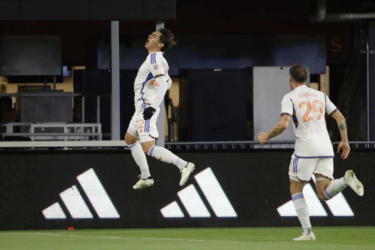 Apr 12, 2025; Washington, District of Columbia, USA; FC Cincinnati midfielder Gerardo Valenzuela (22) celebrates after scoring a goal against the D.C. United during the first half at Audi Field. Mandatory Credit: Amber Searls-Imagn Images