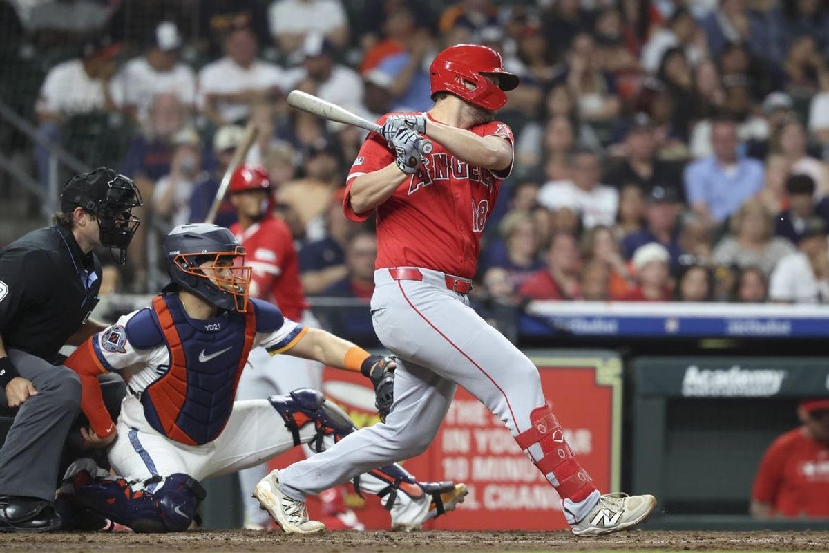Apr 12, 2025; Houston, Texas, USA; Los Angeles Angels first baseman Nolan Schanuel (18) bats during the eighth inning against the Houston Astros at Daikin Park. Mandatory Credit: Troy Taormina-Imagn Images