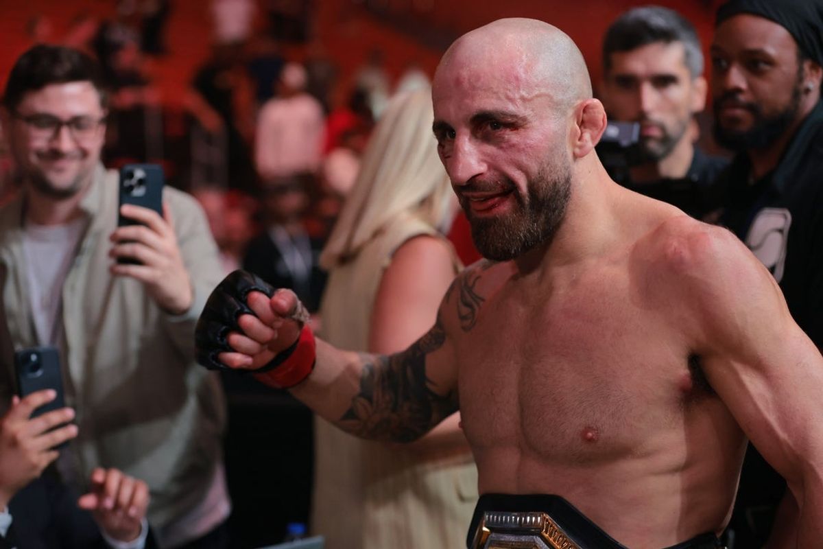 Apr 12, 2025; Miami, Florida, UNITED STATES; Alexander Volkanovski (red gloves) reacts after defeating Diego Lopes (not pictured) during UFC 314 at Kaseya Center. Mandatory Credit: Sam Navarro-Imagn Images