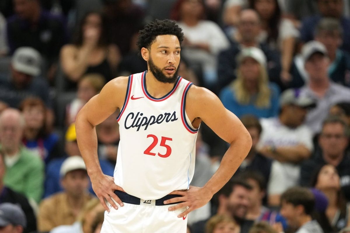 Apr 11, 2025; Sacramento, California, USA; Los Angeles Clippers guard Ben Simmons (25) during the third quarter against the Sacramento Kings at Golden 1 Center. Mandatory Credit: Darren Yamashita-Imagn Images