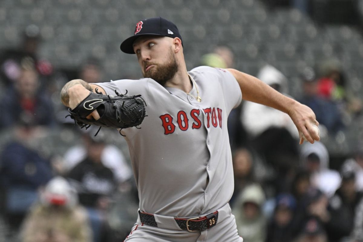Apr 13, 2025; Chicago, Illinois, USA;  Boston Red Sox pitcher Garrett Crochet (35) delivers against the Chicago White Sox during the first inning at Guaranteed Rate Field. Mandatory Credit: Matt Marton-Imagn Images