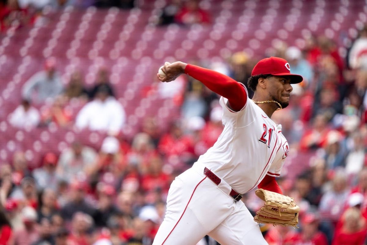 Cincinnati Reds pitcher Hunter Greene (21) pitches in the first inning of the MLB game between the Cincinnati Reds and the Pittsburgh Pirates at Great American Ball Park in Cincinnati.
