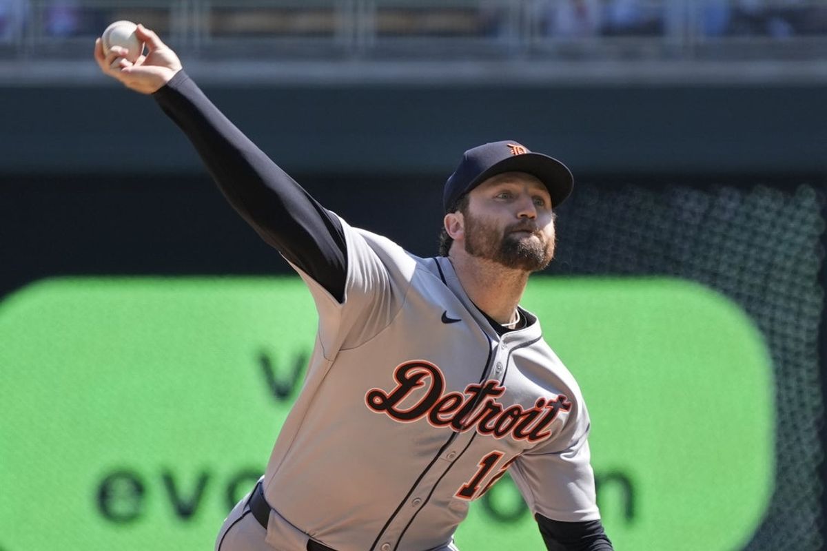 Apr 13, 2025; Minneapolis, Minnesota, USA; Detroit Tigers starting pitcher Casey Mize (12) throws to the Minnesota Twins in the first inning at Target Field. Mandatory Credit: Bruce Kluckhohn-Imagn Images
