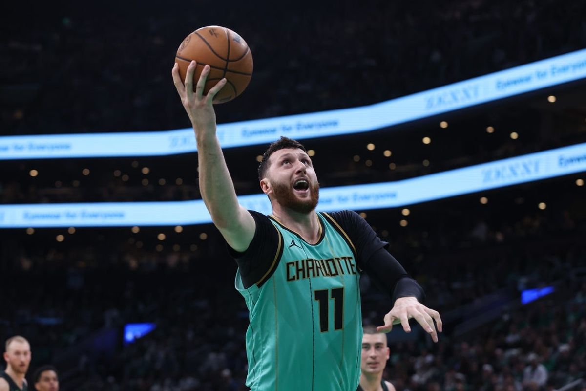 Apr 13, 2025; Boston, Massachusetts, USA; Charlotte Hornets center Jusuf Nurkic (11) shoots during the second half against the Boston Celtics at TD Garden. Mandatory Credit: Paul Rutherford-Imagn Images