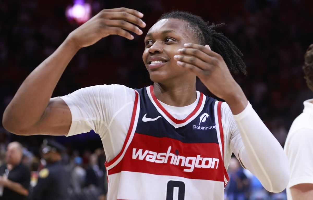 Apr 13, 2025; Miami, Florida, USA; Washington Wizards guard Bub Carrington (8) celebrates the Wizards win against the Miami Heat at Kaseya Center. Mandatory Credit: Rhona Wise-Imagn Images