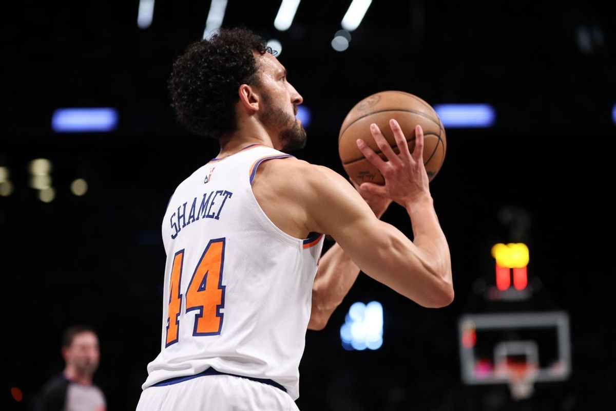 Apr 13, 2025; Brooklyn, New York, USA; New York Knicks guard Landry Shamet (44) shoots the ball during the first half against the Brooklyn Nets at Barclays Center. Mandatory Credit: Vincent Carchietta-Imagn Images