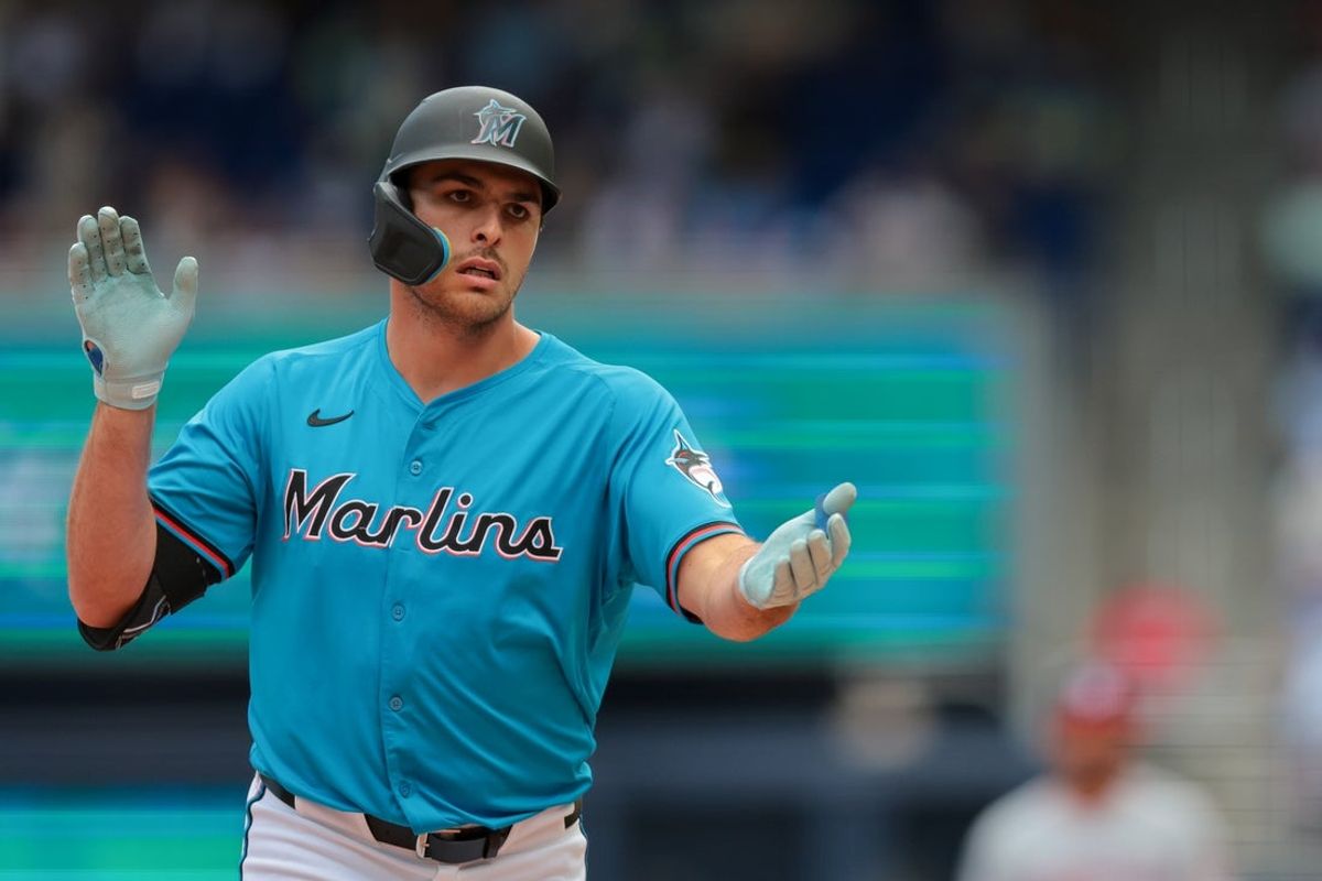 Apr 13, 2025; Miami, Florida, USA; Miami Marlins pinch hitter Matt Mervis (36) circles the bases after hitting a three-run home run against the Washington Nationals during the seventh inning at loanDepot Park. Mandatory Credit: Sam Navarro-Imagn Images