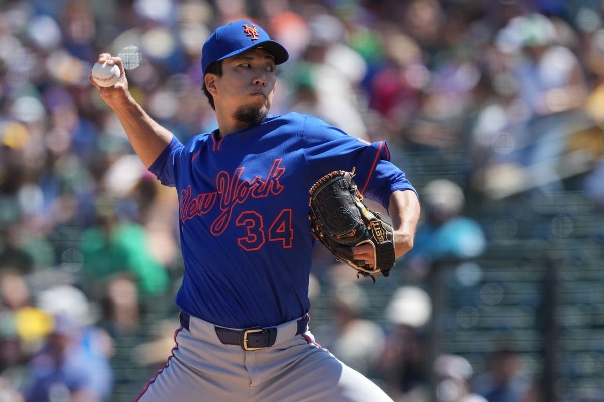 Apr 13, 2025; West Sacramento, California, USA; New York Mets starting pitcher Kodai Senga (34) throws a pitch against the Athletics during the first inning at Sutter Health Park. Mandatory Credit: Darren Yamashita-Imagn Images