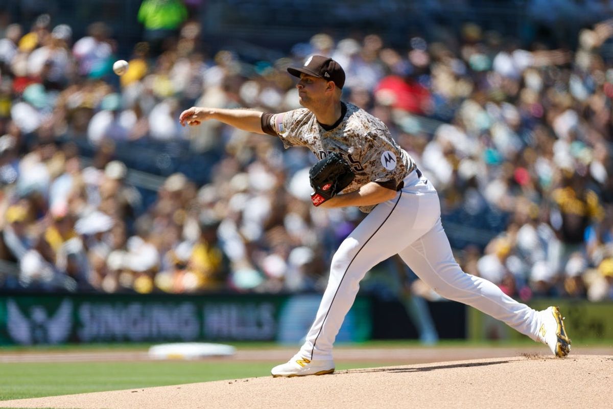 Apr 13, 2025; San Diego, California, USA;  San Diego Padres starting pitcher Michael King (34) throws a pitch during the first inning against the Colorado Rockies at Petco Park. Mandatory Credit: David Frerker-Imagn Images