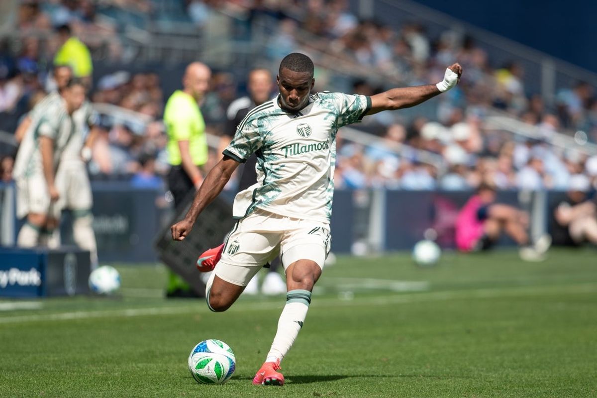 Apr 13, 2025; Kansas City, Kansas, USA; Portland Timbers defender Juan Mosquera (29) kicks the ball during the second half of the match against Sporting Kansas City at Children's Mercy Park. Mandatory Credit: Kylie Graham-Imagn Images
