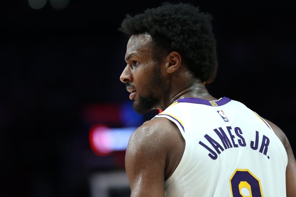 Apr 13, 2025; Portland, Oregon, USA;  Los Angeles Lakers guard Bronny James (9) awaits the next play against the Portland Trail Blazers in the second half at Moda Center. Mandatory Credit: Jaime Valdez-Imagn Images