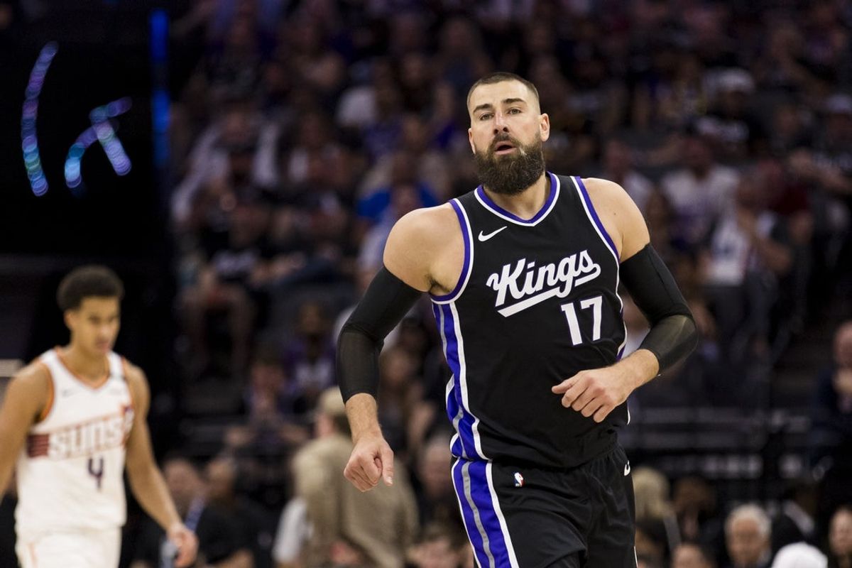 Apr 13, 2025; Sacramento, California, USA;  Sacramento Kings center Jonas Valanciunas (17) runs down the court during the fourth quarter against the Phoenix Suns at Golden 1 Center. Mandatory Credit: John Hefti-Imagn Images