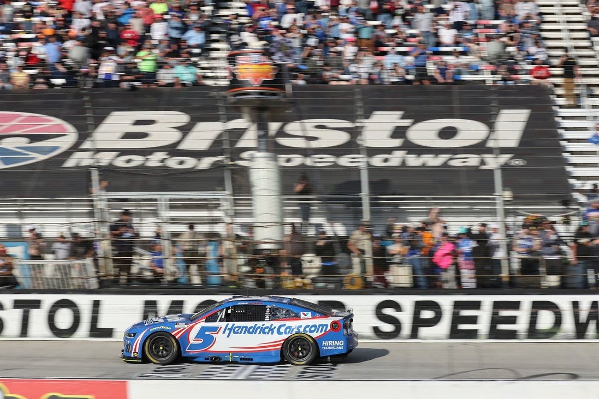 Apr 13, 2025; Bristol, Tennessee, USA; NASCAR Cup Series driver Kyle Larson (5) wins the NASCAR Food City 500 at Bristol Motor Speedway. Mandatory Credit: Randy Sartin-Imagn Images