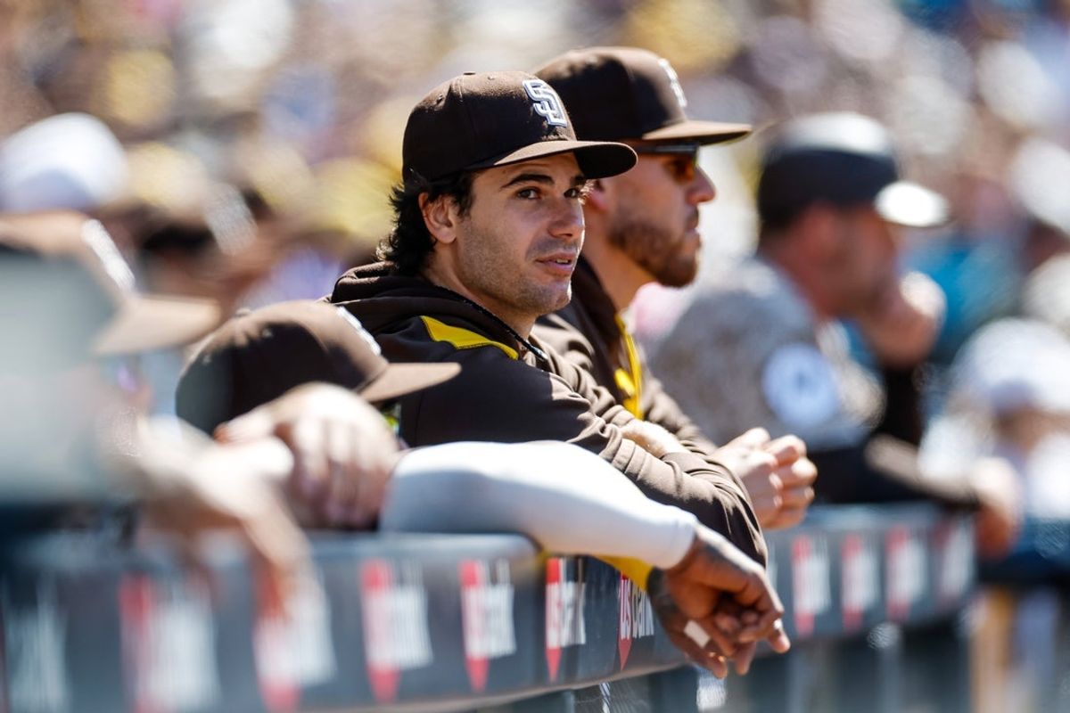 Apr 13, 2025; San Diego, California, USA; San Diego Padres starting pitcher Dylan Cease (84) looks on during the seventh inning against the Colorado Rockies at Petco Park. Mandatory Credit: David Frerker-Imagn Images