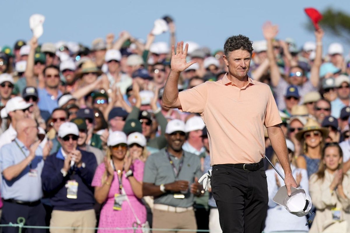 Apr 13, 2025; Augusta, Georgia, USA; Justin Rose celebrates after putting for birdie and finishing his round during the final round of the Masters Tournament at Augusta National Golf Club. Mandatory Credit: Kyle Terada-Imagn Images