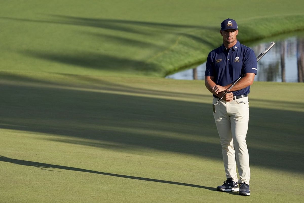 Apr 13, 2025; Augusta, Georgia, USA; Bryson DeChambeau looks up the no. 16 green during the final round of the Masters Tournament at Augusta National Golf Club. Mandatory Credit: Grace Smith-Imagn Images