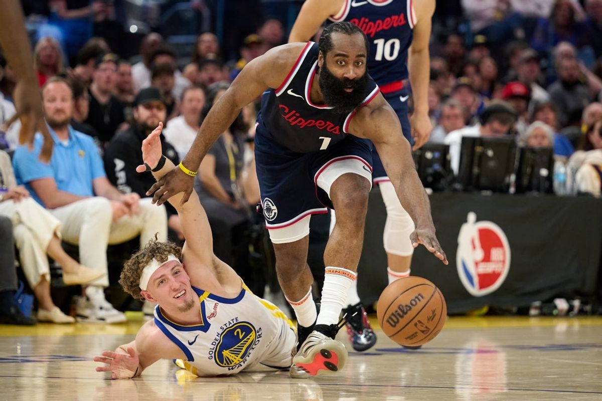 Apr 13, 2025; San Francisco, California, USA; LA Clippers guard James Harden (1) controls the ball against Golden State Warriors guard Brandin Podziemski (2) during the fourth quarter at Chase Center. Mandatory Credit: Robert Edwards-Imagn Images