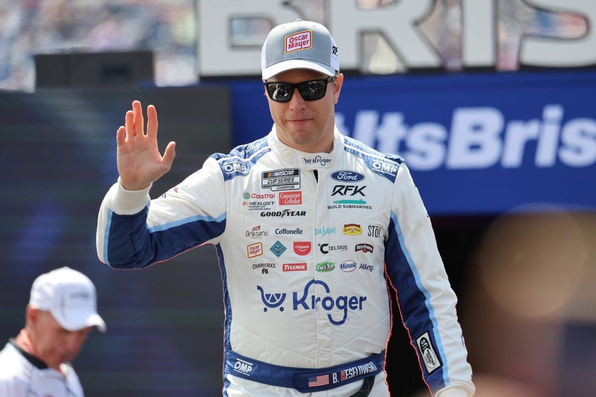 Apr 13, 2025; Bristol, Tennessee, USA; NASCAR Cup Series driver Brad Keselowski (6) during driver introductions for the NASCAR Food City 500 at Bristol Motor Speedway. Mandatory Credit: Randy Sartin-Imagn Images