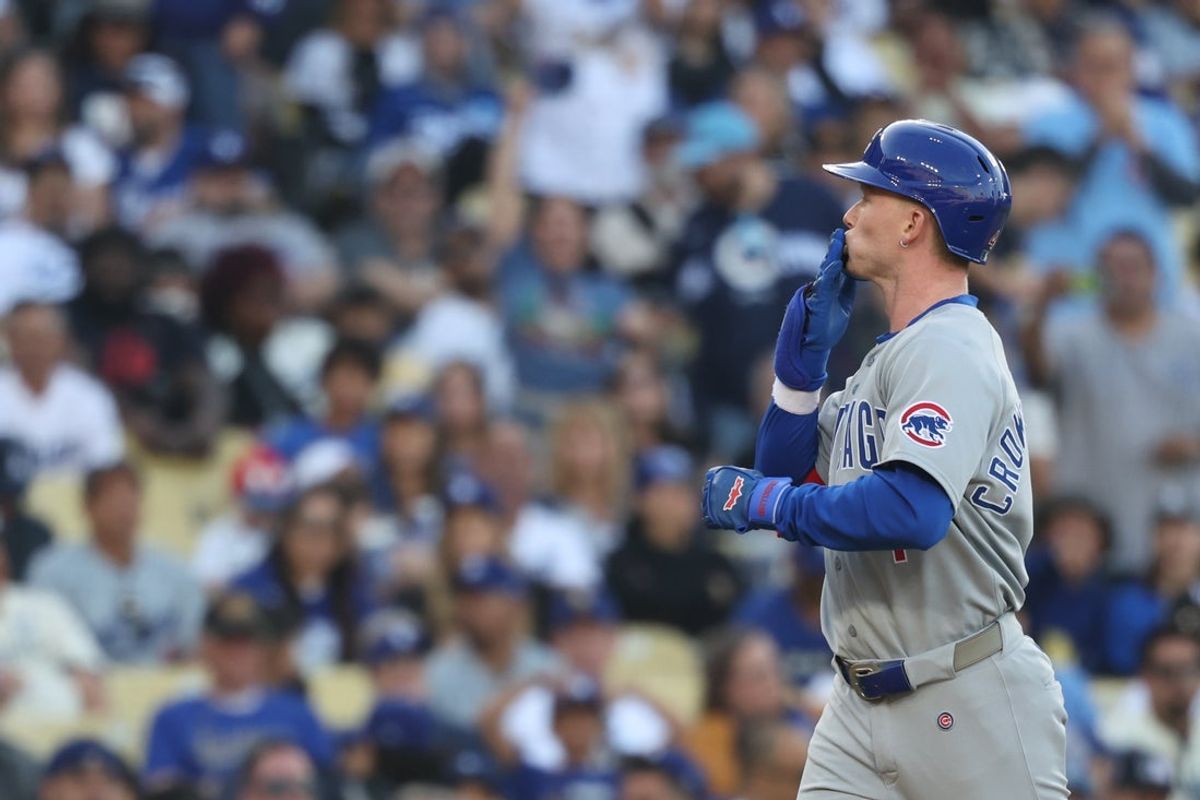Apr 13, 2025; Los Angeles, California, USA; Chicago Cubs outfielder Pete Crow-Armstrong (4) celebrates as he rounds the bases after hitting a solo home run against the Los Angeles Dodgers during the seventh inning of the game at Dodger Stadium. Mandatory Credit: Kiyoshi Mio-Imagn Images