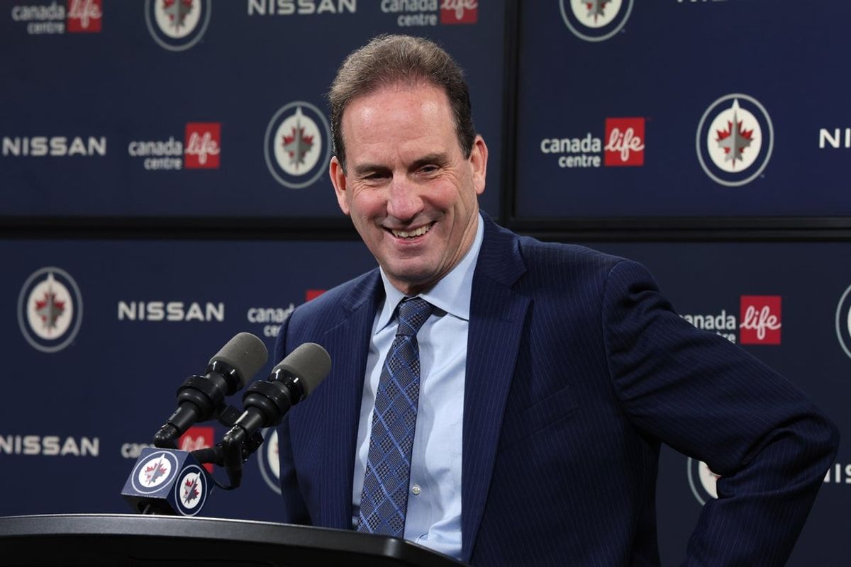Apr 13, 2025; Winnipeg, Manitoba, CAN; Winnipeg Jets head coach Scott Arniel talks to media after a game against the Edmonton Oilers at Canada Life Centre. Mandatory Credit: James Carey Lauder-Imagn Images