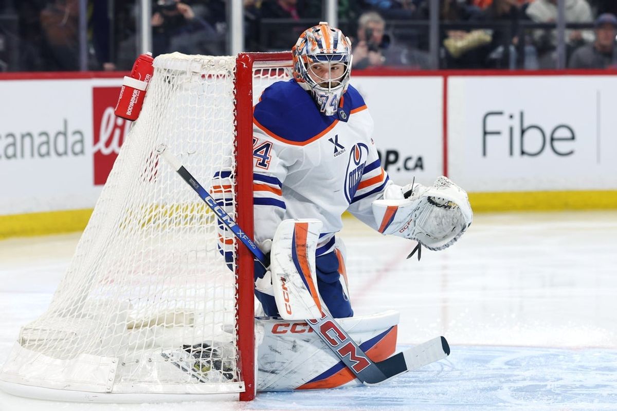 Apr 13, 2025; Winnipeg, Manitoba, CAN; Edmonton Oilers goaltender Stuart Skinner (74) warms-up before the start of the second period against the Winnipeg Jets at Canada Life Centre. Mandatory Credit: James Carey Lauder-Imagn Images