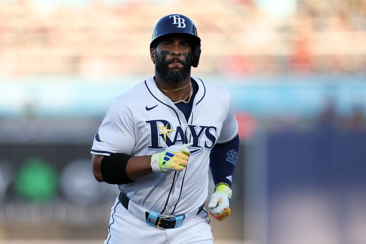 Apr 14, 2025; Tampa, Florida, USA; Tampa Bay Rays designated hitter Yandy Diaz (2) runs the bases after hitting a home run against the Boston Red Sox in the first inning at George M. Steinbrenner Field. Mandatory Credit: Nathan Ray Seebeck-Imagn Images