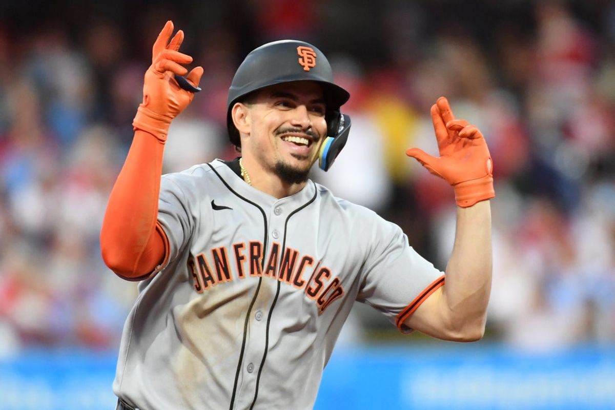 Apr 14, 2025; Philadelphia, Pennsylvania, USA; San Francisco Giants shortstop Willy Adames (2) reacts after after hitting home run during the second inning against the Philadelphia Phillies at Citizens Bank Park. Mandatory Credit: Eric Hartline-Imagn Images