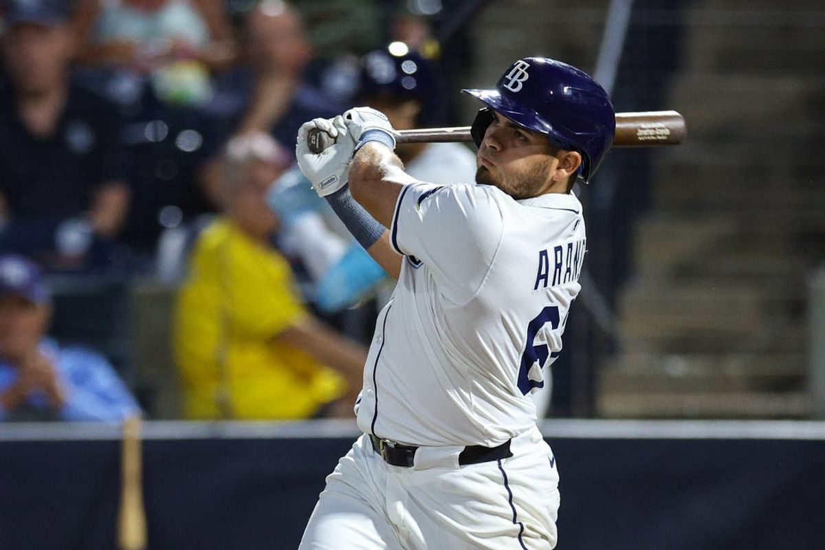 Apr 14, 2025; Tampa, Florida, USA; Tampa Bay Rays first baseman Jonathan Aranda (62) hits a two rbi double against the Boston Red Sox in the third inning at George M. Steinbrenner Field. Mandatory Credit: Nathan Ray Seebeck-Imagn Images
