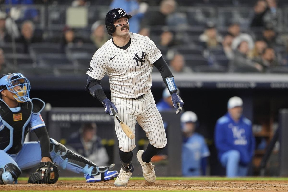 Apr 14, 2025; Bronx, New York, USA; New York Yankees catcher Austin Wells (28) watches his home run against the Kansas City Royals during the fifth inning at Yankee Stadium. Mandatory Credit: Gregory Fisher-Imagn Images
