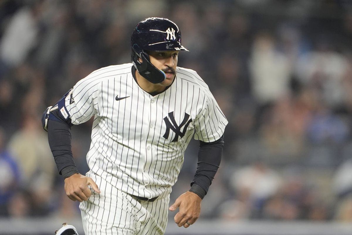 Apr 14, 2025; Bronx, New York, USA; New York Yankees center fielder Trent Grisham (12) runs out a home run against the Kansas City Royals during the fifth inning at Yankee Stadium. Mandatory Credit: Gregory Fisher-Imagn Images