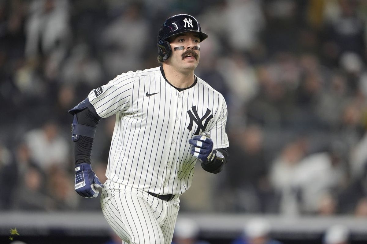Apr 14, 2025; Bronx, New York, USA; New York Yankees catcher Austin Wells (28) rounds the bases after hitting a home run against the Kansas City Royals during the fifth inning at Yankee Stadium. Mandatory Credit: Gregory Fisher-Imagn Images