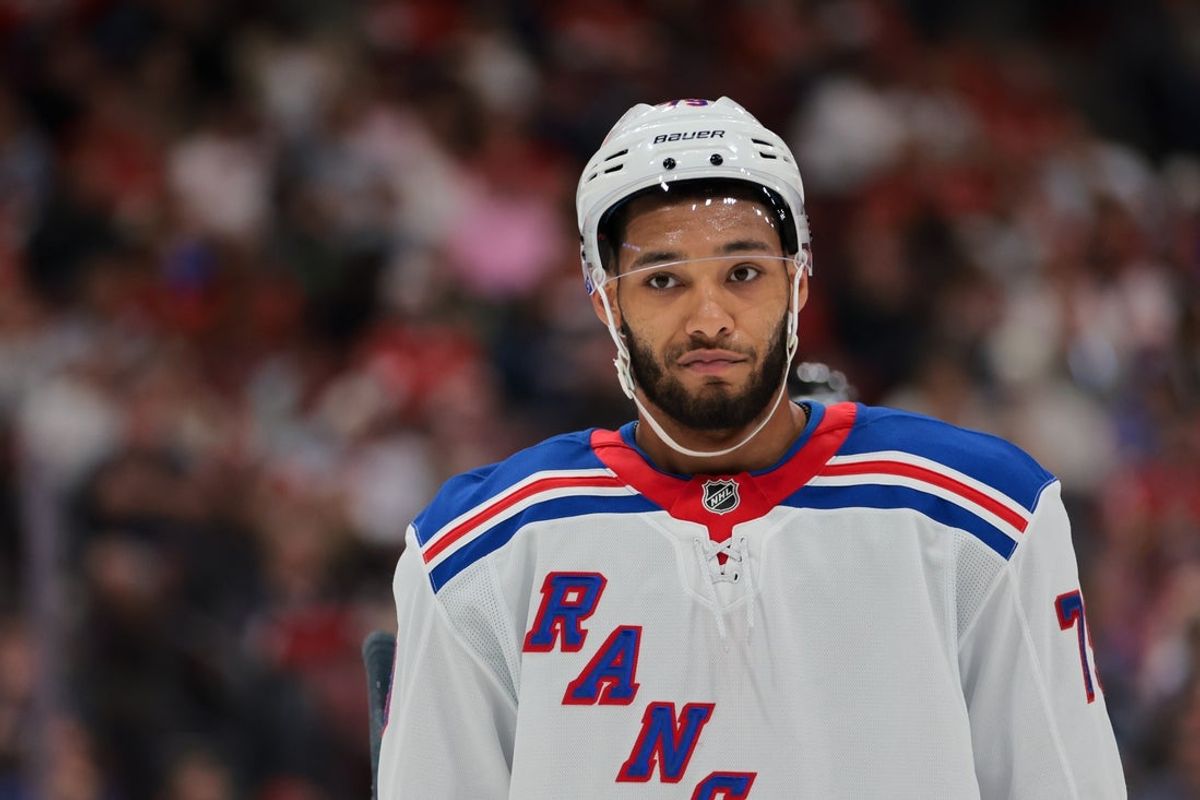 Apr 14, 2025; Sunrise, Florida, USA; New York Rangers defenseman K'Andre Miller (79) looks on against the Florida Panthers during the second period at Amerant Bank Arena. Mandatory Credit: Sam Navarro-Imagn Images