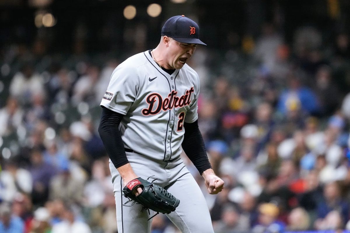 Apr 14, 2025; Milwaukee, Wisconsin, USA;  Detroit Tigers pitcher Tarik Skubal (29) reacts after striking out Milwaukee Brewers first baseman Rhys Hoskins (12) (not pictured) during the sixth inning at American Family Field. Mandatory Credit: Jeff Hanisch-Imagn Images