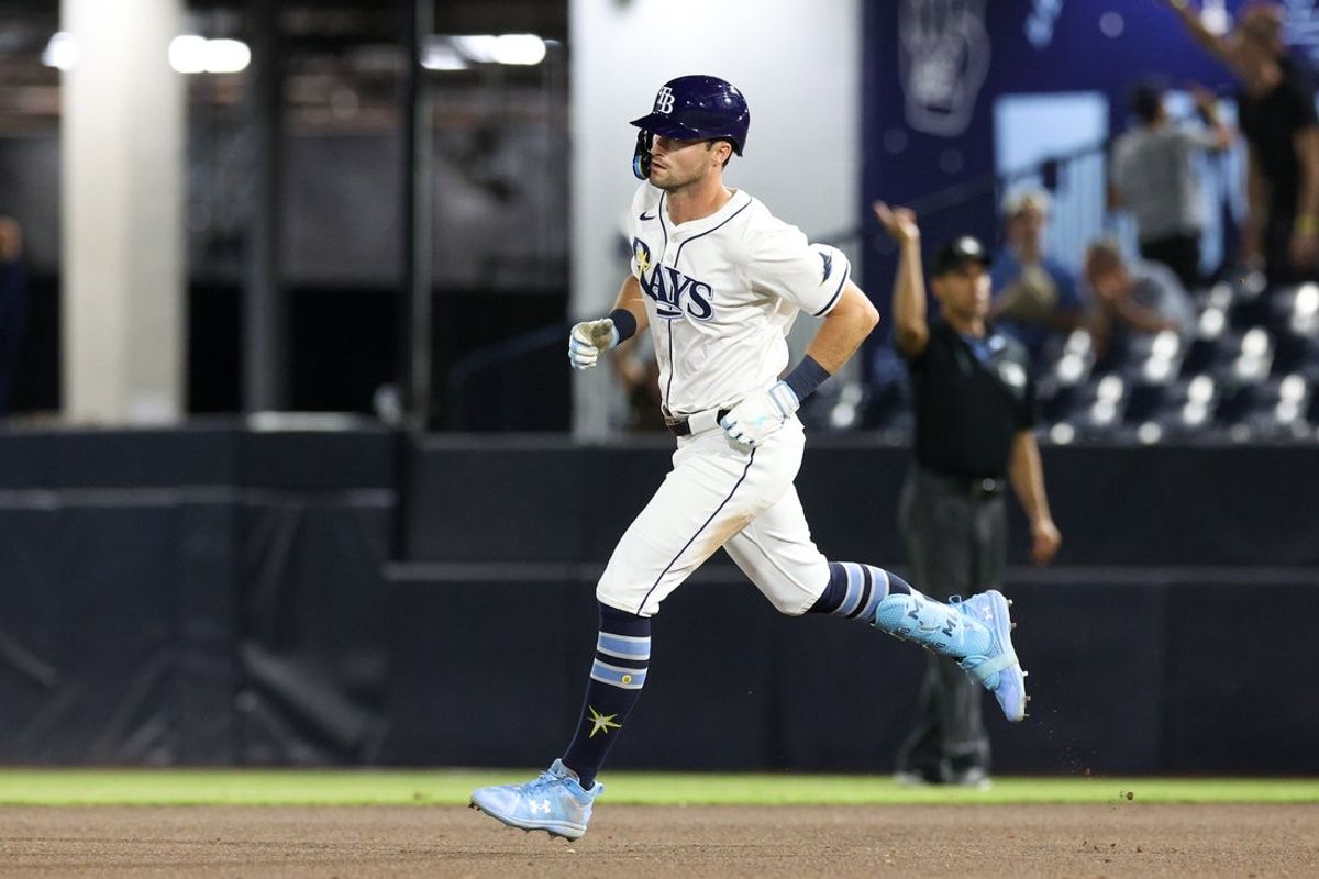 Apr 14, 2025; Tampa, Florida, USA; Tampa Bay Rays center fielder Kameron Misner (26) runs the bases after hitting a home run against the Boston Red Sox in the eighth inning at George M. Steinbrenner Field. Mandatory Credit: Nathan Ray Seebeck-Imagn Images