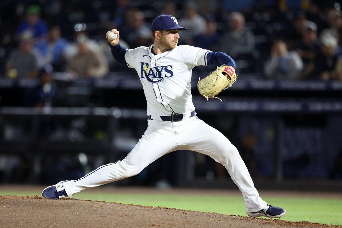 Apr 14, 2025; Tampa, Florida, USA; Tampa Bay Rays pitcher Hunter Bigge (43) throws a pitch against the Boston Red Sox in the seventh inning at George M. Steinbrenner Field. Mandatory Credit: Nathan Ray Seebeck-Imagn Images