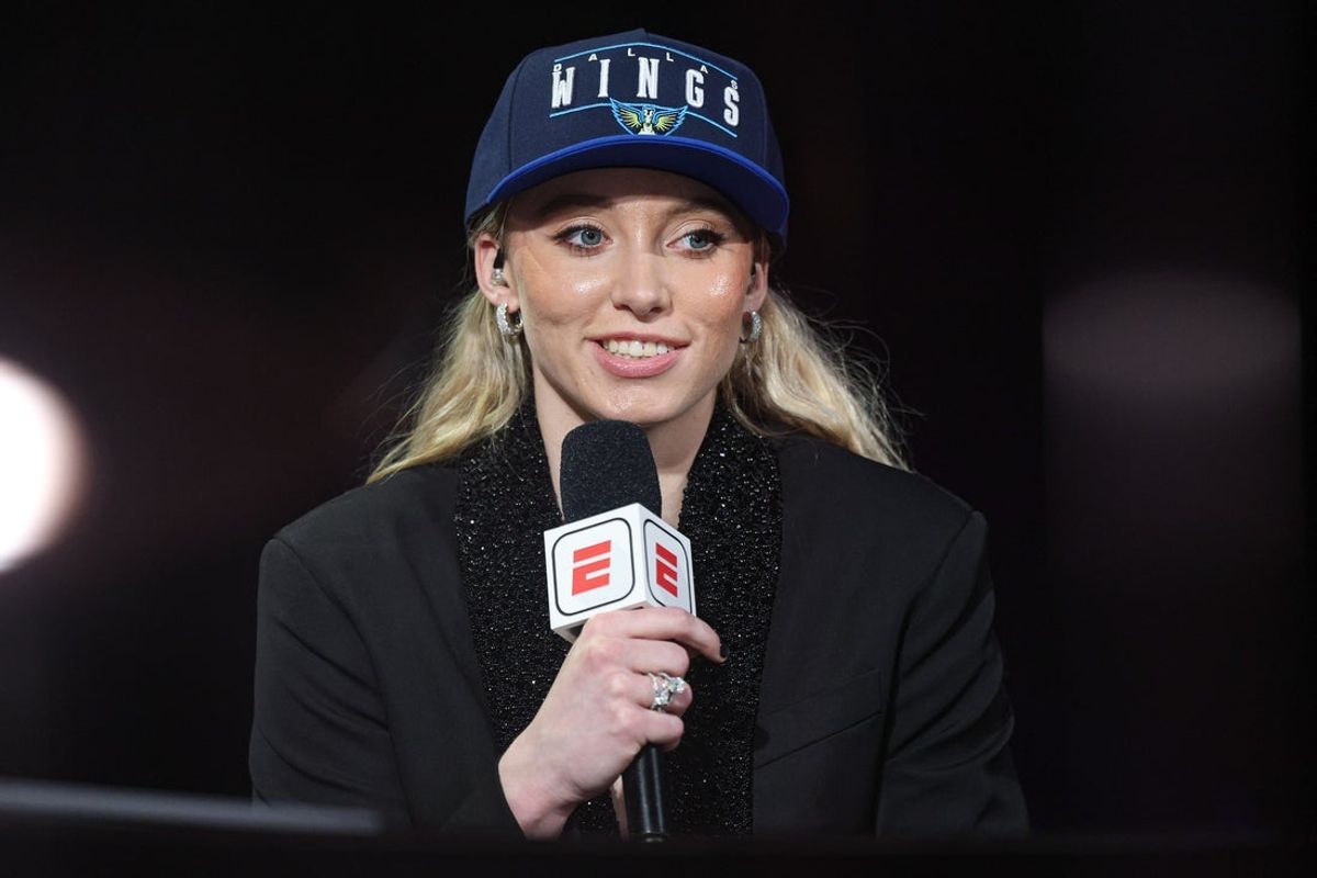 Apr 14, 2025; New York, New York, USA; Paige Bueckers is interviewed by ESPN after being selected with the number one overall pick to the Dallas Wings in the 2025 WNBA Draft at The Shed at Hudson Yards. Mandatory Credit: Vincent Carchietta-Imagn Images