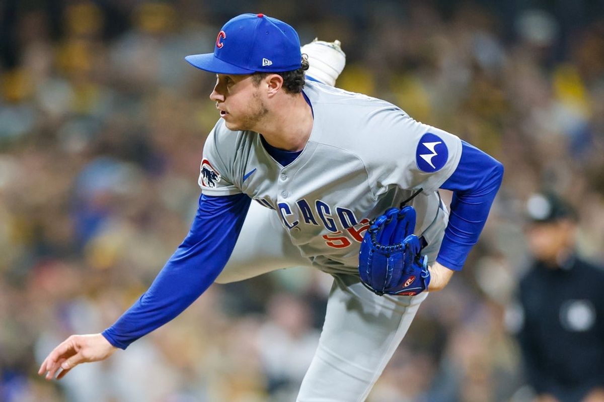 Apr 14, 2025; San Diego, California, USA; Chicago Cubs relief pitcher Nate Pearson (56) throws a pitch during the seventh inning against the San Diego Padres at Petco Park. Mandatory Credit: David Frerker-Imagn Images